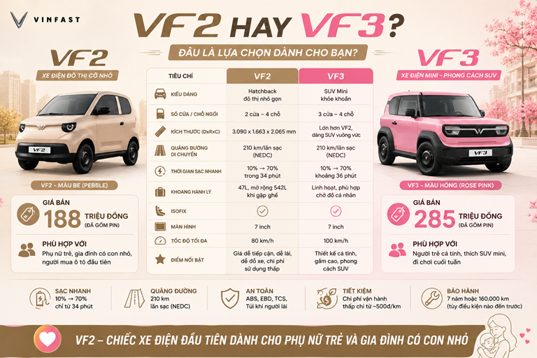 So sánh VF2 và VF3: Mẫu xe điện nào phù hợp với phụ nữ trẻ và gia đình có con nhỏ?